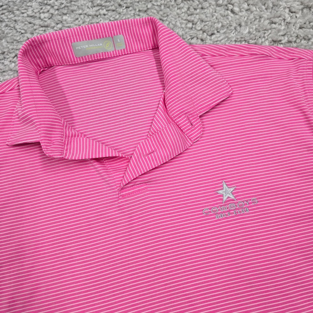 Peter Millar Mens Featherweight Performance Polo Shirt Size L Pink Striped Golf